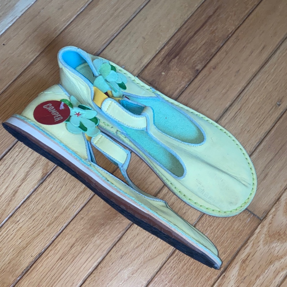 Camper Yellow and Green Sandals with Floral Accent